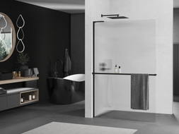 Mexen Kioto+ L ścianka prysznicowa z półką Walk-in 100 x 200 cm, prążki, czarna - 800-100-123-70-09