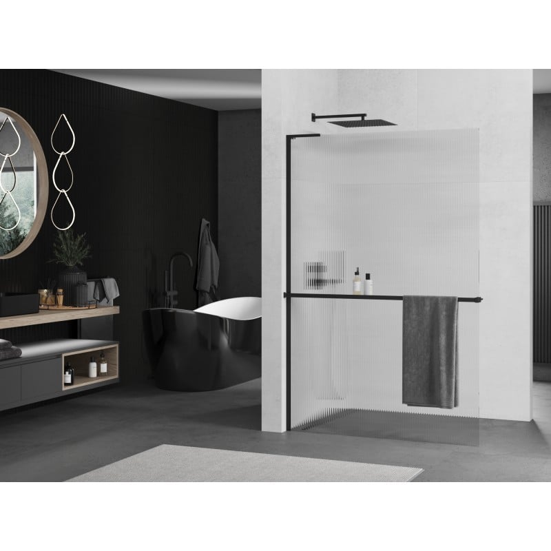 Mexen Kioto+ L Shower Wall with Shelf Walk-in 120 x 200 cm, Striped, Black - 800-120-123-70-09