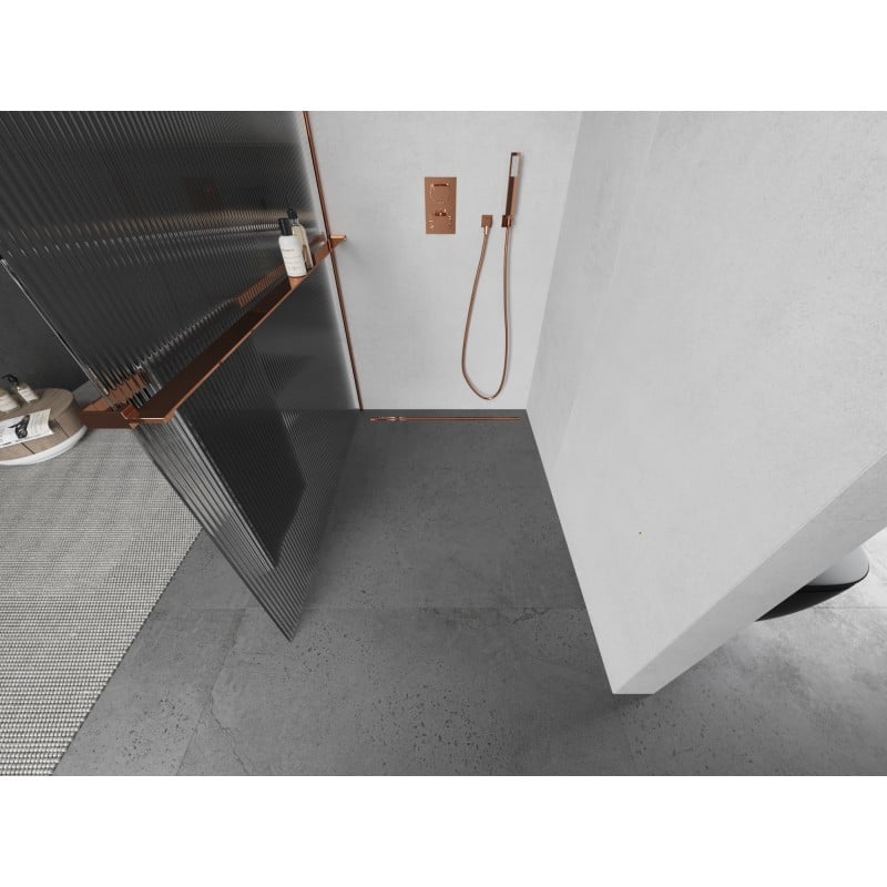 Mexen Kioto+ L parete doccia con mensola Walk-in 90 x 200 cm, striature, oro rosa - 800-090-123-60-09