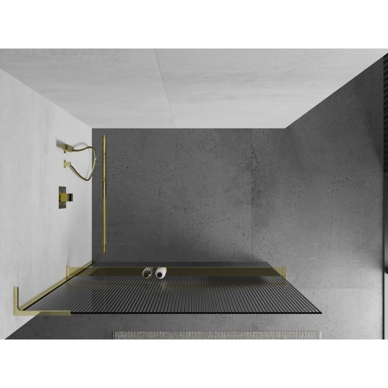 Mexen Kioto+ L mampara de ducha con estante Walk-in 70 x 200 cm, rayas, dorado - 800-070-123-50-09