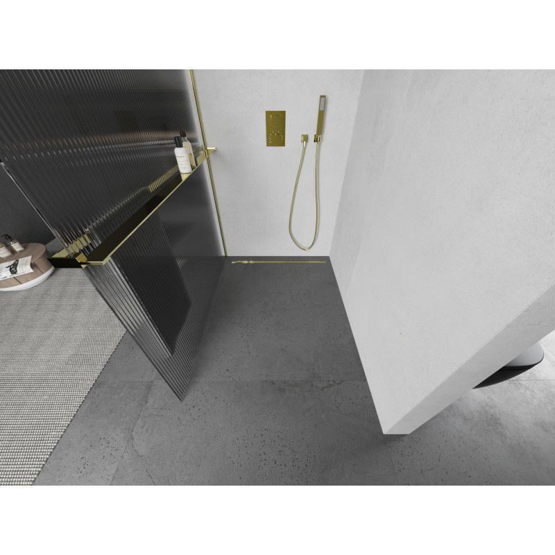 Mexen Kioto+ L douchewand met plank Walk-in 120 x 200 cm, strepen, goud - 800-120-123-50-09