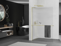 Mexen Kioto+ L ścianka prysznicowa z półką Walk-in 90 x 200 cm, prążki, złota szczotkowana - 800-090-123-55-09