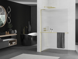 Mexen Kioto+ L Duschwand mit Ablage Walk-in 110 x 200 cm, klar, gebürstetes Gold - 800-110-123-55-09