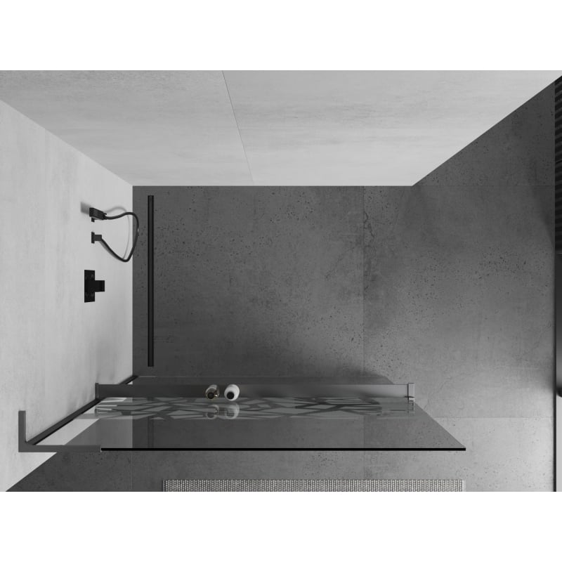 Mexen Kioto+ L ścianka prysznicowa z półką Walk-in 80 x 200 cm, biały wzór, gun metal - 800-080-123-95-85