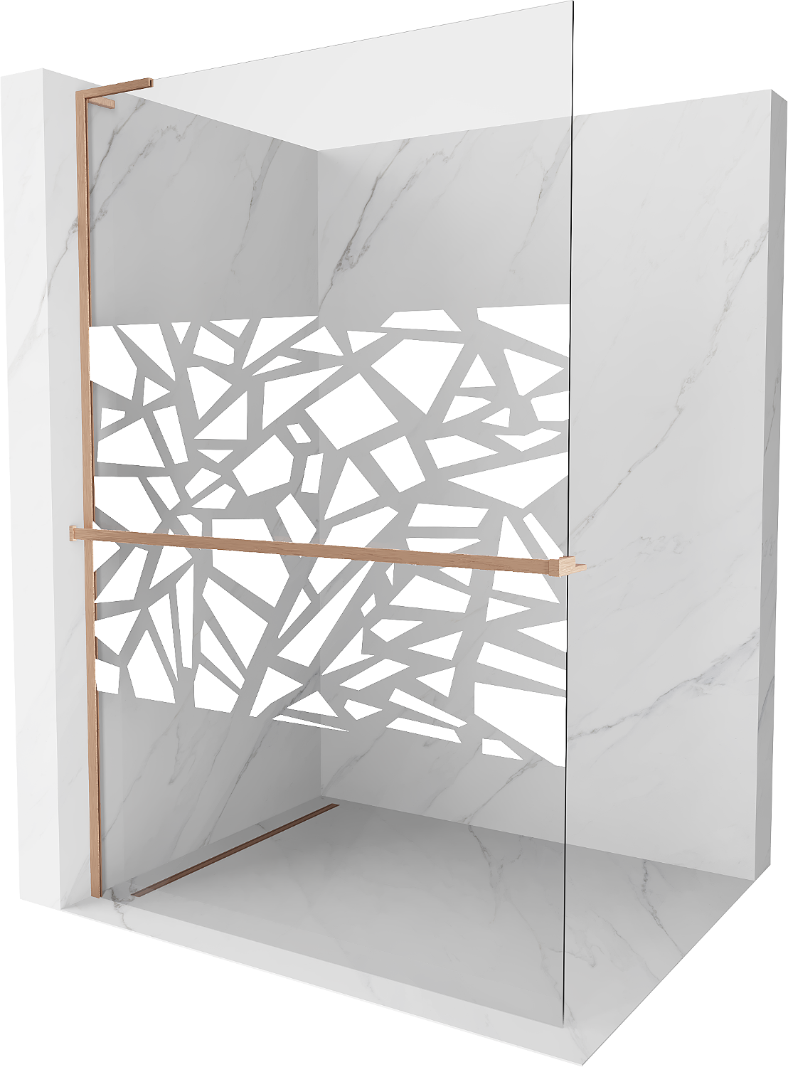 Mexen Kioto+ L ścianka prysznicowa z półką Walk-in 110 x 200 cm, biały wzór, miedź szczotkowana - 800-110-123-65-85