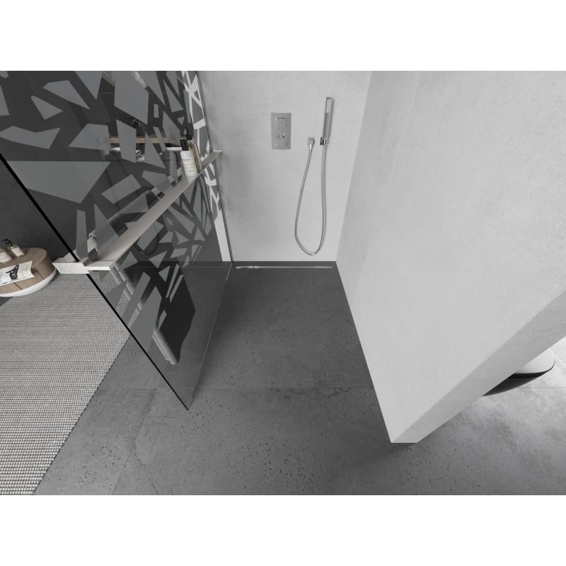 Mexen Kioto+ L tuš stijena s policom Walk-in 100 x 200 cm, bijeli uzorak, brušeni nikal - 800-100-123-97-85