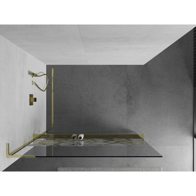 Mexen Kioto+ L Zidna tuš pregrada s policom Walk-in 80 x 200 cm, bijeli uzorak, zlatna - 800-080-123-50-85