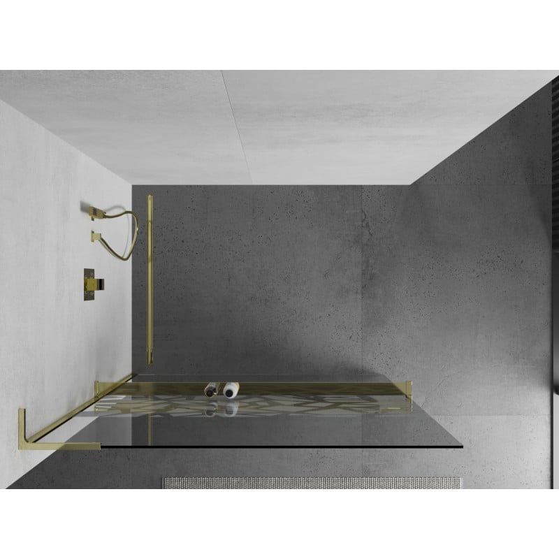 Mexen Kioto+ L douchescherm met plank Walk-in 90 x 200 cm, wit patroon, goud - 800-090-123-50-85
