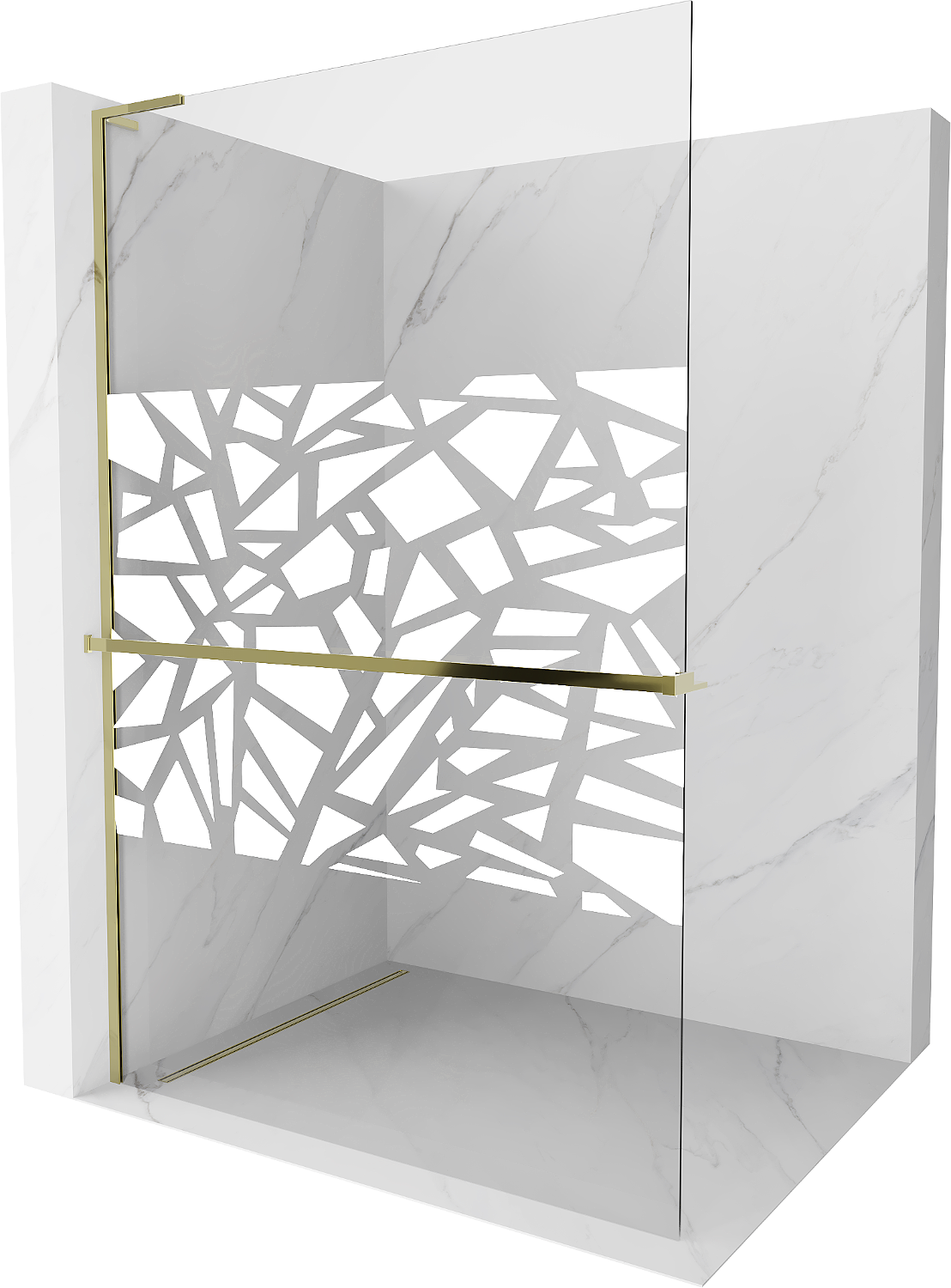 Mexen Kioto+ L ścianka prysznicowa z półką Walk-in 90 x 200 cm, biały wzór, złota - 800-090-123-50-85