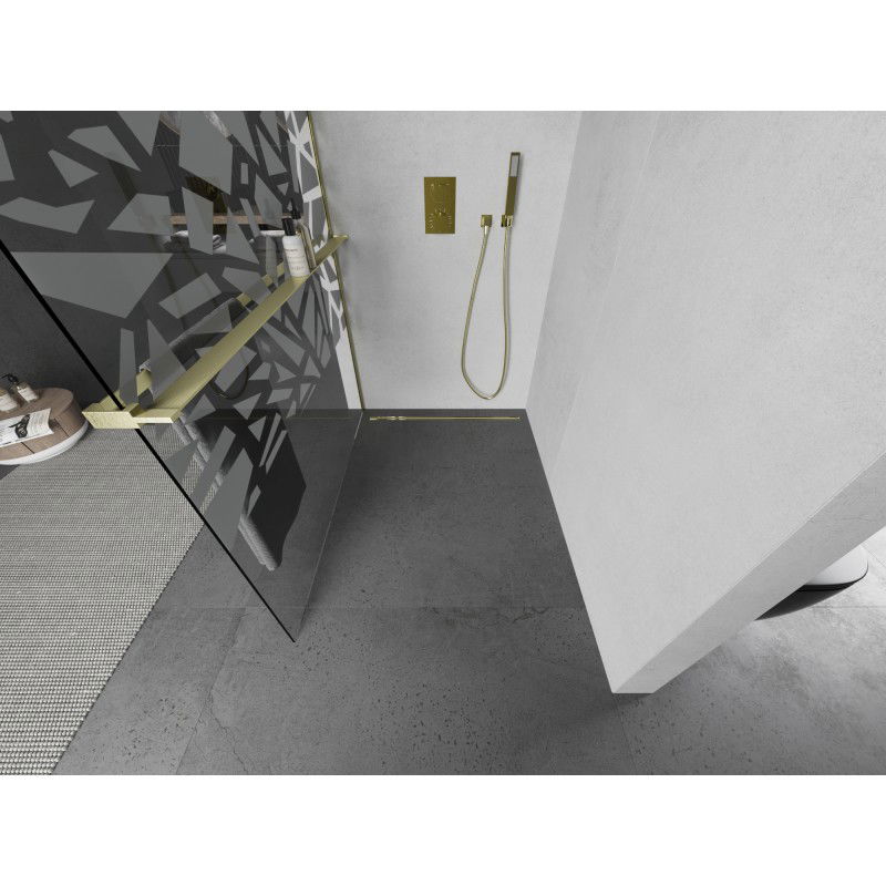 Mexen Kioto+ L divisória de duche com prateleira Walk-in 70 x 200 cm, padrão branco, dourado escovado - 800-070-123-55-85