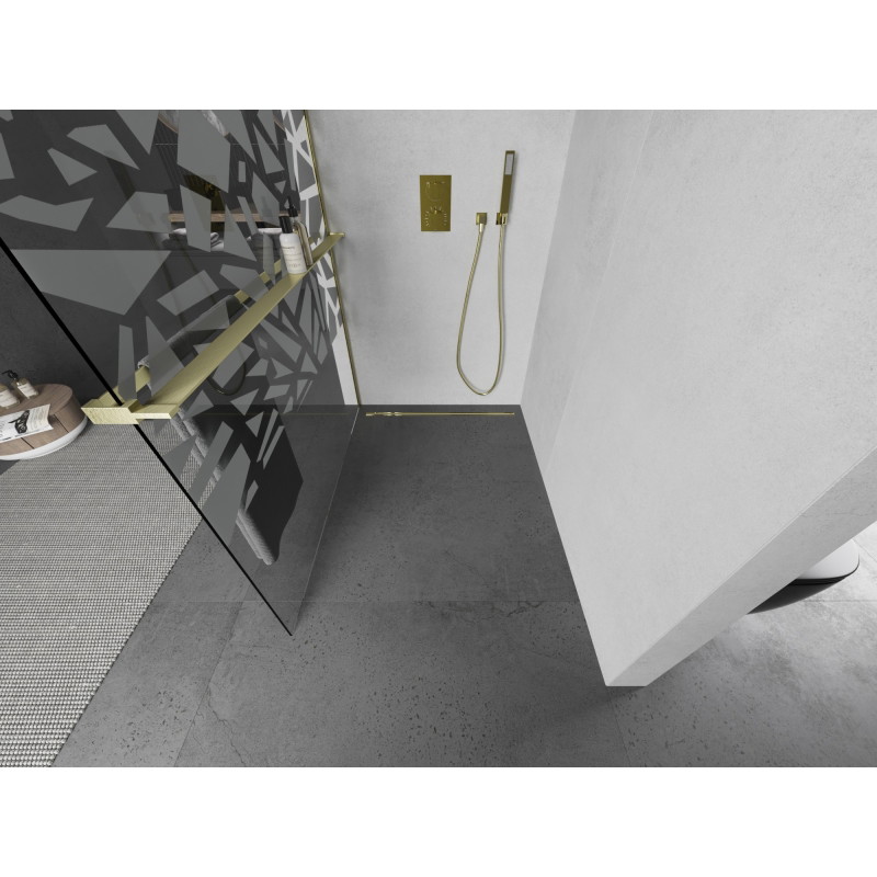 Mexen Kioto+ L dušisein riiuliga Walk-in 90 x 200 cm, valge muster, harjatud kuld - 800-090-123-55-85