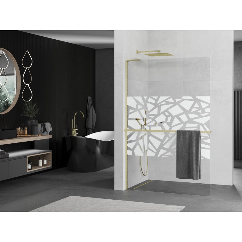 Mexen Kioto+ L ścianka prysznicowa z półką Walk-in 120 x 200 cm, biały wzór, złota szczotkowana - 800-120-123-55-85