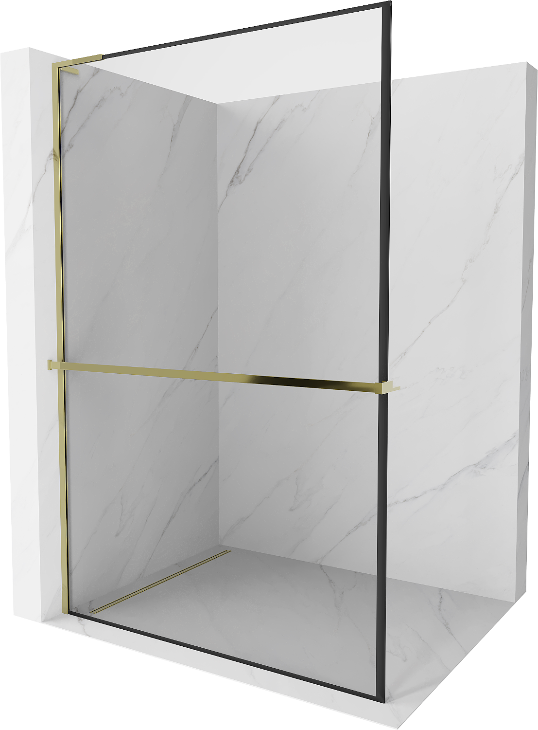 Mexen Kioto+ L ścianka prysznicowa z półką Walk-in 120 x 200 cm, czarny wzór, złota - 800-120-123-50-70