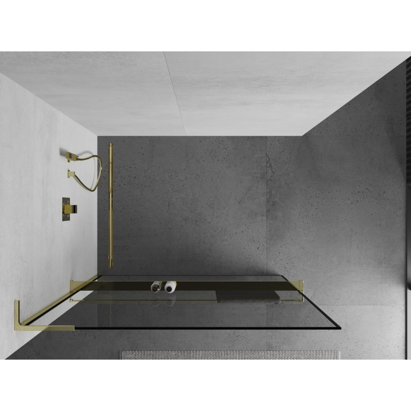 Mexen Kioto+ L zid tuša s policom Walk-in 110 x 200 cm, crni okvir, zlatni - 800-110-123-50-70