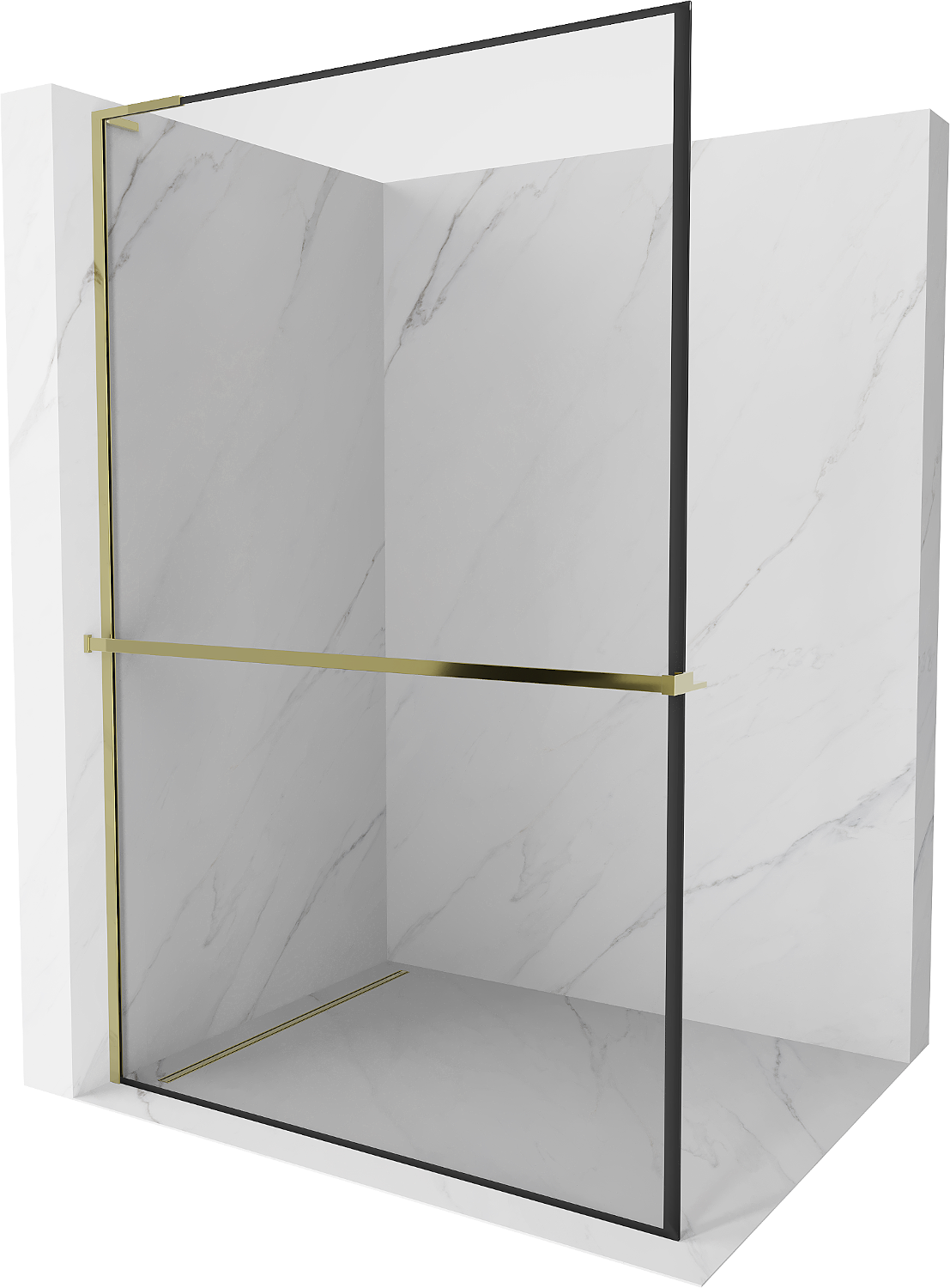 Mexen Kioto+ L ścianka prysznicowa z półką Walk-in 100 x 200 cm, czarny wzór, złota - 800-100-123-50-70