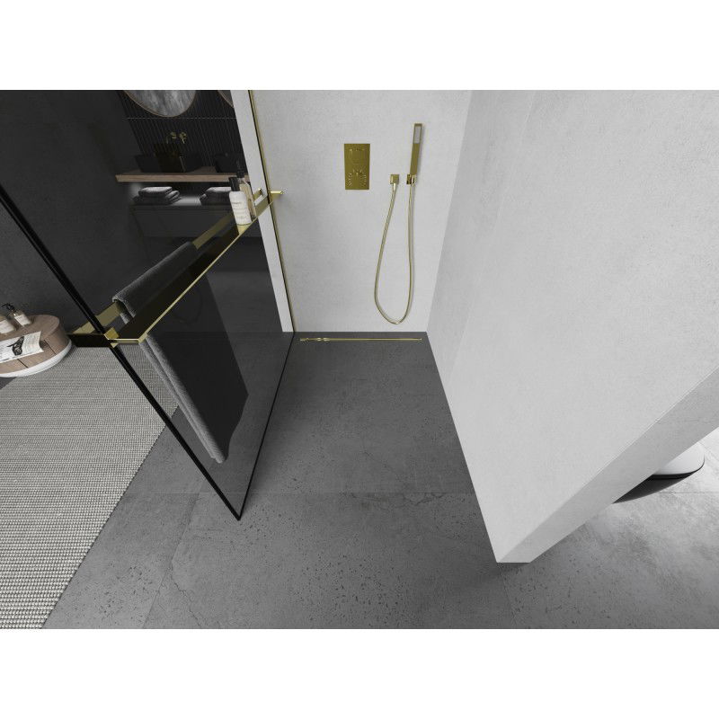 Mexen Kioto+ L Duschwand mat Regal Walk-in 60 x 200 cm, schwaarz Rahme, gëllen - 800-060-123-50-70