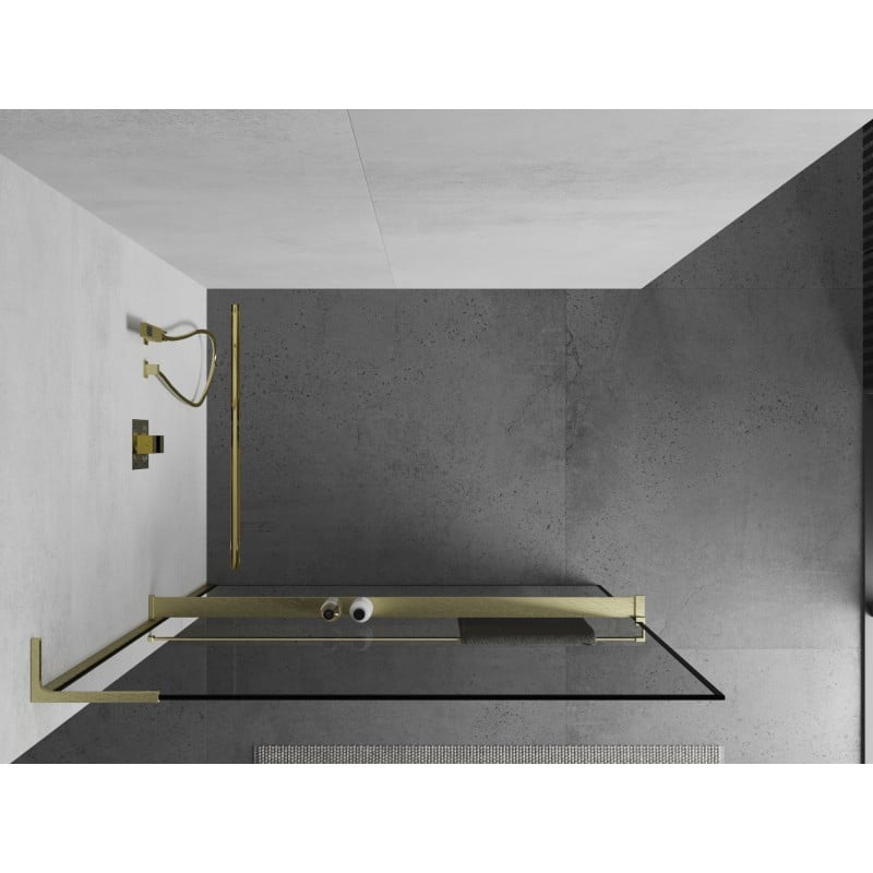 Mexen Kioto+ L pared de ducha con estante Walk-in 120 x 200 cm, marco negro, oro cepillado - 800-120-123-55-70