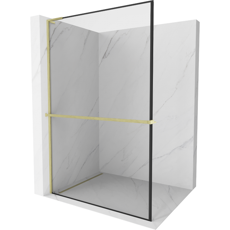 Mexen Kioto+ L parede de chuveiro com prateleira Walk-in 110 x 200 cm, moldura preta, dourado escovado - 800-110-123-55-70