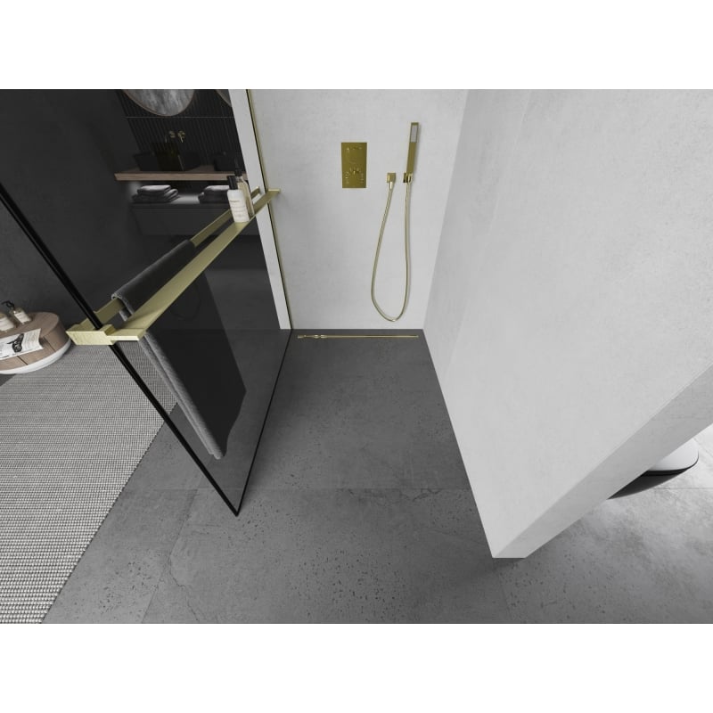 Mexen Kioto+ L ścianka prysznicowa z półką Walk-in 80 x 200 cm, czarna ramka, złota szczotkowana - 800-080-123-55-70