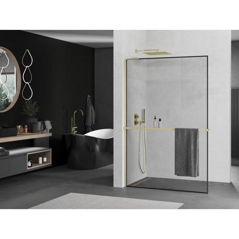 Mexen Kioto+ L panel de ducha con estante Walk-in 50 x 200 cm, marco negro, oro cepillado - 800-050-123-55-70