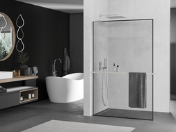 Mexen Kioto+ L Duschwand mit Ablage Walk-in 100 x 200 cm, schwarzer Rahmen, gebürsteter Nickel - 800-100-123-97-70