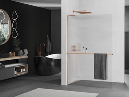 Mexen Kioto+ L zidni panel za tuš s policom Walk-in 120 x 200 cm, pruge, brušena bakrena - 800-120-123-65-09