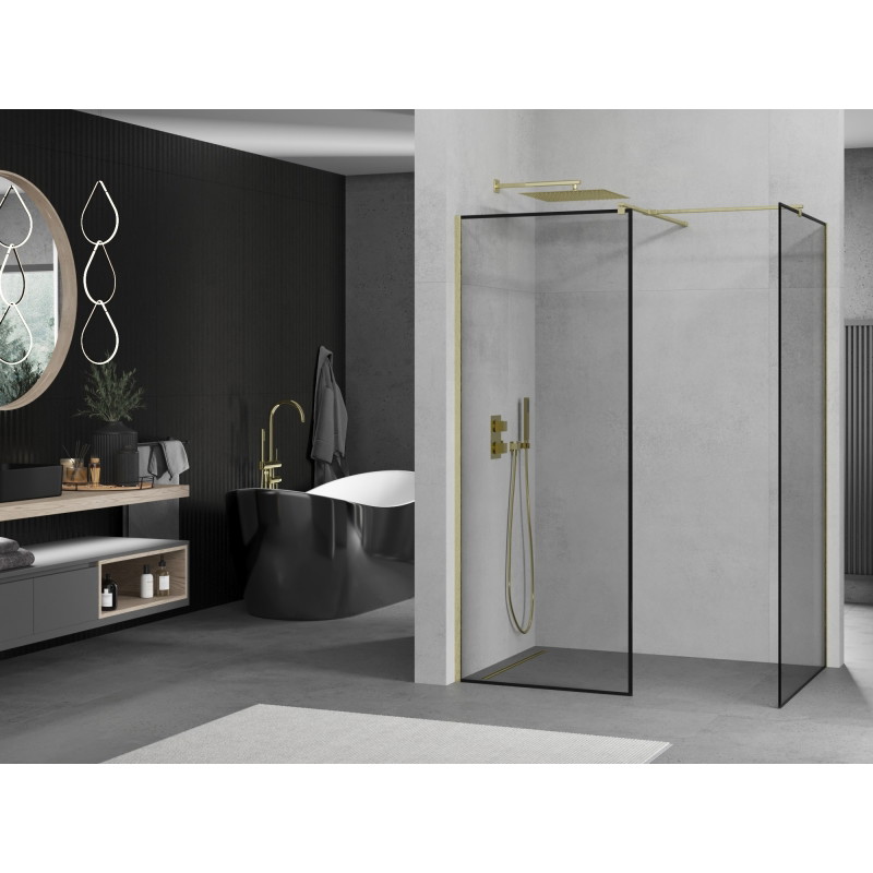 Mexen Kioto tuš zid Walk-in 90 x 90 cm, crni okvir, zlatna četkana - 800-090-202-55-70-090