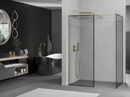 Mexen Kioto Duschwand Walk-in 140 x 90 cm, schwarzer Rahmen, gebürstetes Gold - 800-140-202-55-70-090