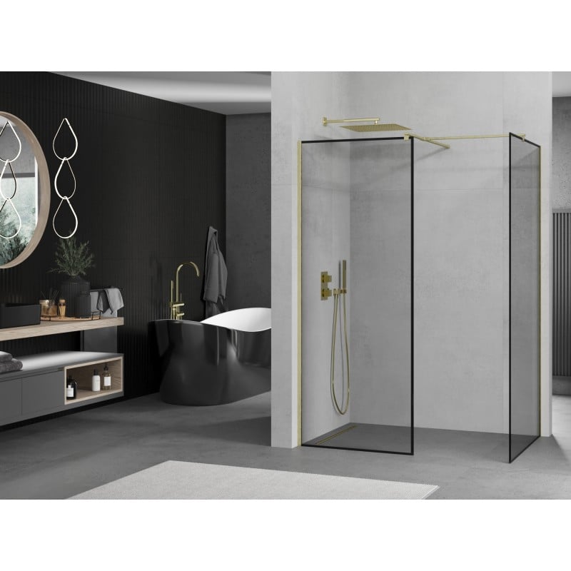 Mexen Kioto mampara de ducha Walk-in 150 x 120 cm, marco negro, dorado cepillado - 800-150-202-55-70-120