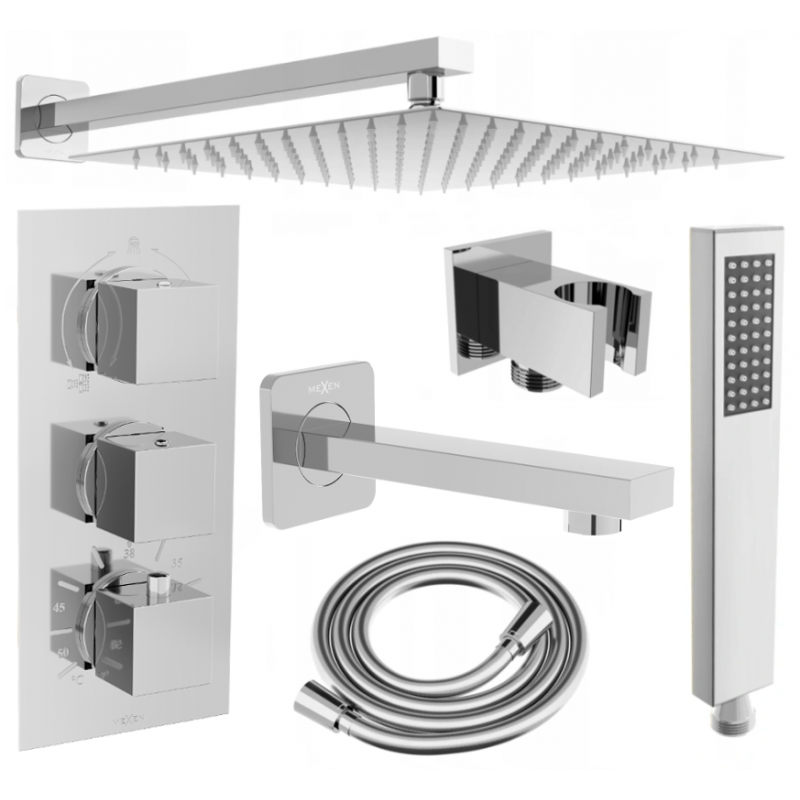 Mexen Cube DR02 Unterputz-Badewannen- und Duschset mit 30 cm Kopfbrause, Chrom - 77503DR0230-00