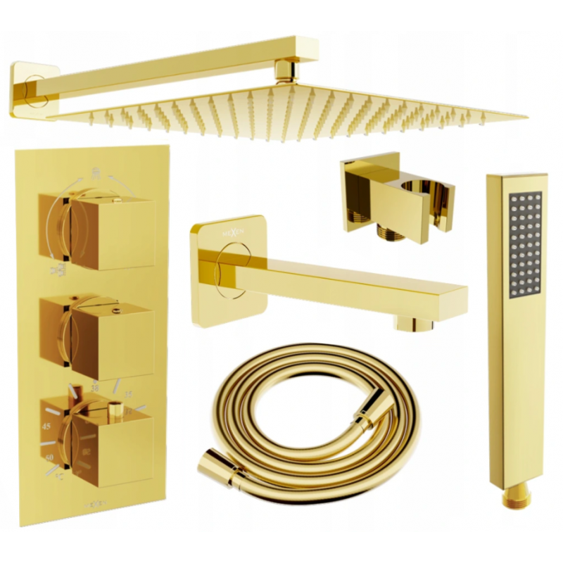 Mexen Cube DR02 recessed bath-shower set with 30 cm rain shower, gold - 77503DR0230-50