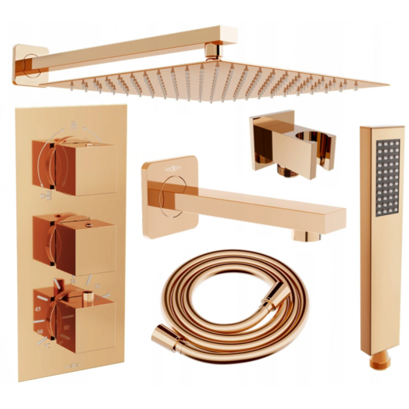 Mexen Cube DR02 Unterputz-Badewannen- und Duschset mit 30 cm Regenbrause, Roségold - 77503DR0230-60