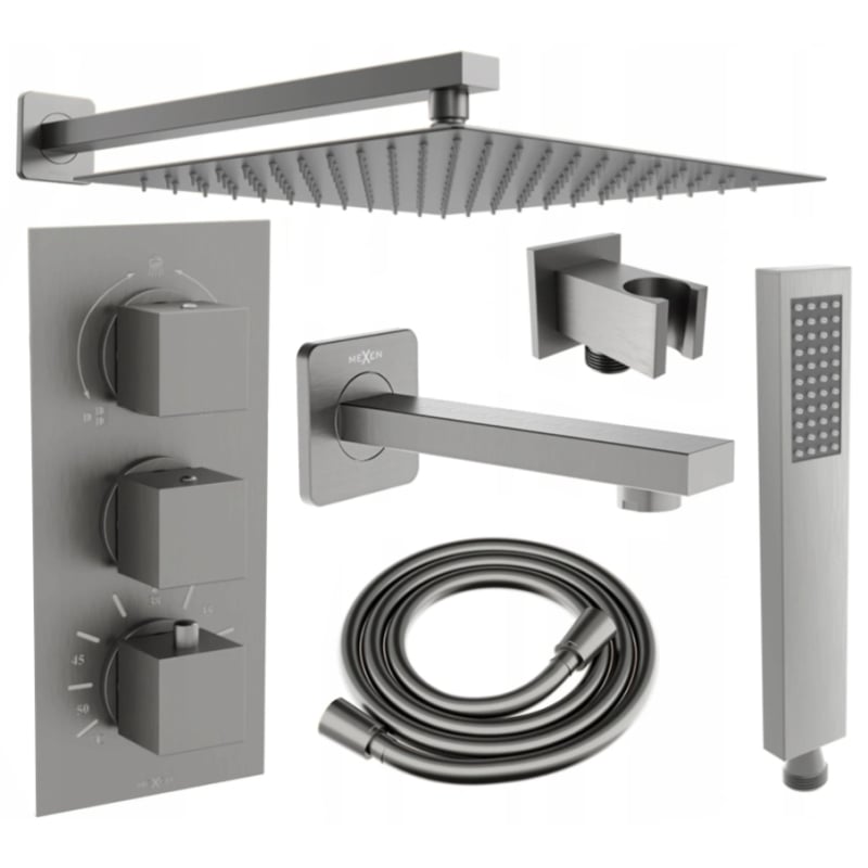 Mexen Cube DR02 Unterputz-Badewannen- und Duschset mit 30 cm Kopfbrause, gebürstetes Gun Gray - 77503DR0230-66