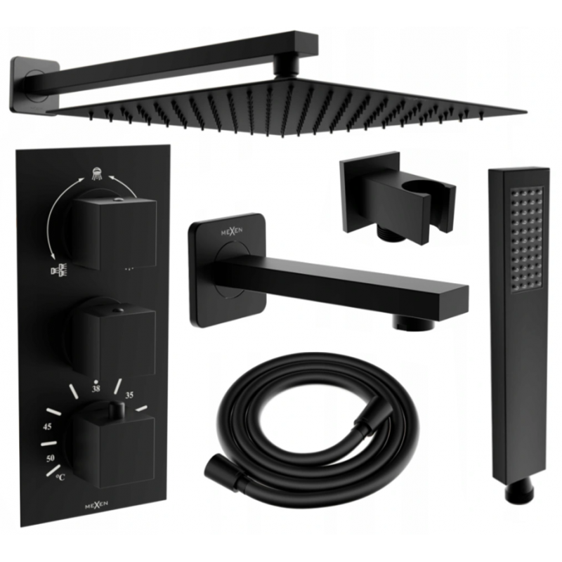 Mexen Cube DR02 conjunto de banho e duche embutido com chuveiro de 25 cm, preto - 77503DR0225-70