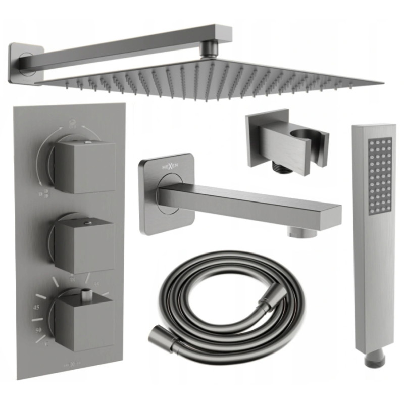Mexen Cube DR02 inbyggd badkar- och duschset med 25 cm regndusch, borstat gun grey - 77503DR0225-66
