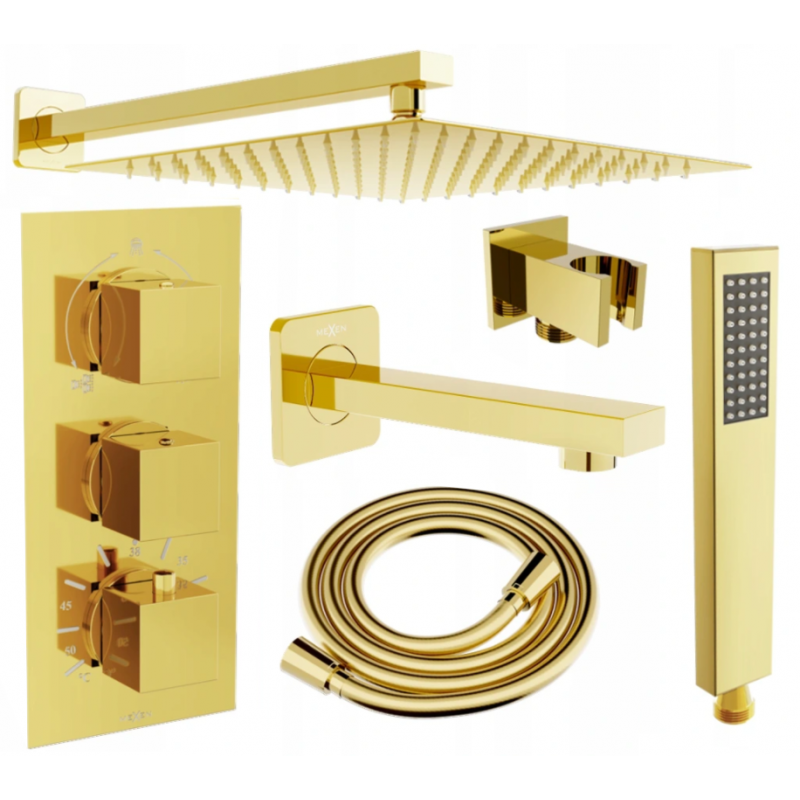 Mexen Cube DR02 conjunto de banheira e chuveiro embutido com chuveiro de teto 25 cm, dourado - 77503DR0225-50