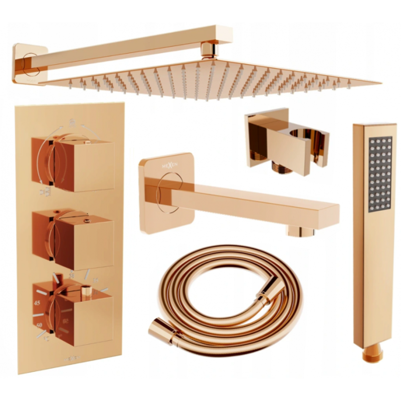 Mexen Cube DR02 inbyggt badkar- och duschset med 25 cm regndusch, roséguld - 77503DR0225-60