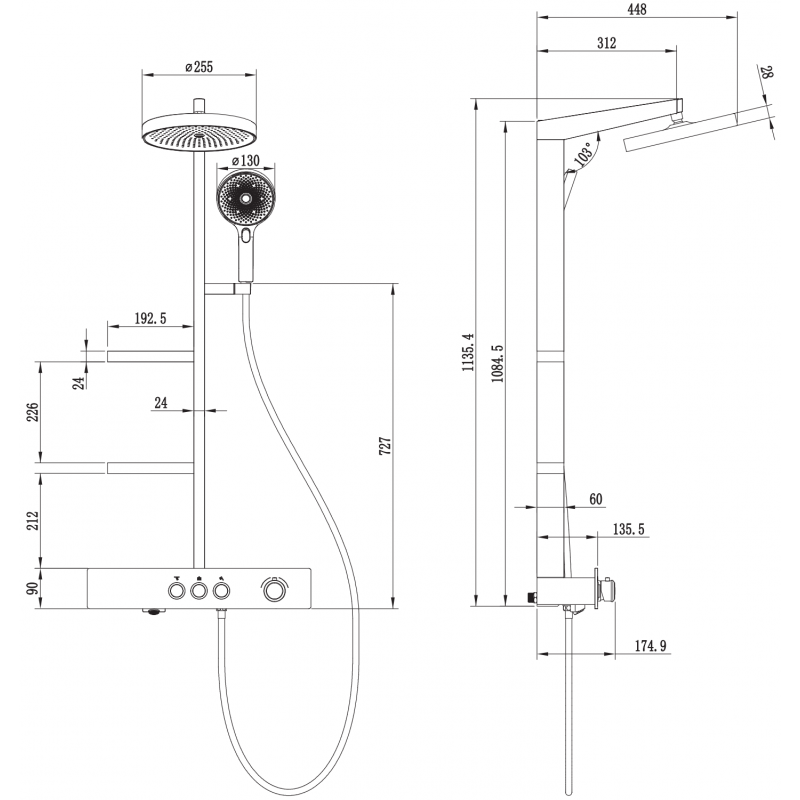 Mexen Plex Duschset, opgebaut mat Reensprëtz an Batterie, schwaarz - 78103-70