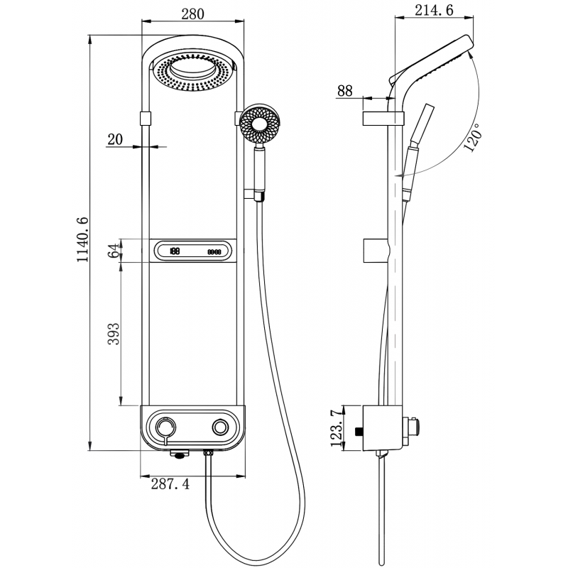 Mexen Peak exposed shower set with overhead shower and mixer, LED display, white - 78106-20