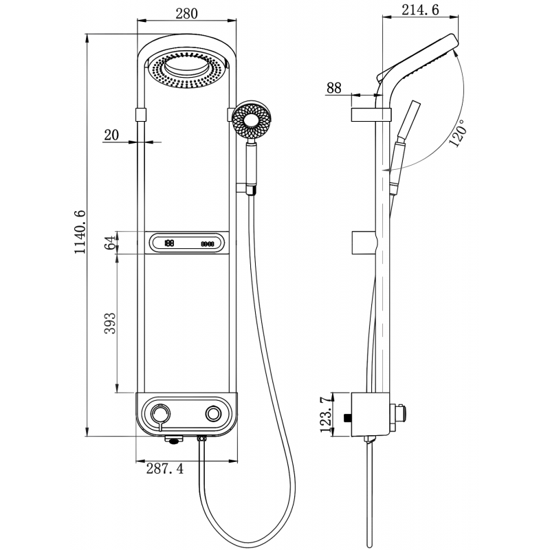 Mexen Peak exposed shower set with rain shower and faucet, LED display, black - 78106-70