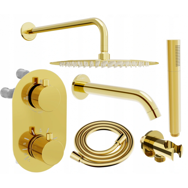 Mexen Kai DR70 conjunto de ducha y bañera empotrado con rociador de 30 cm, dorado - 77602DR70301-50