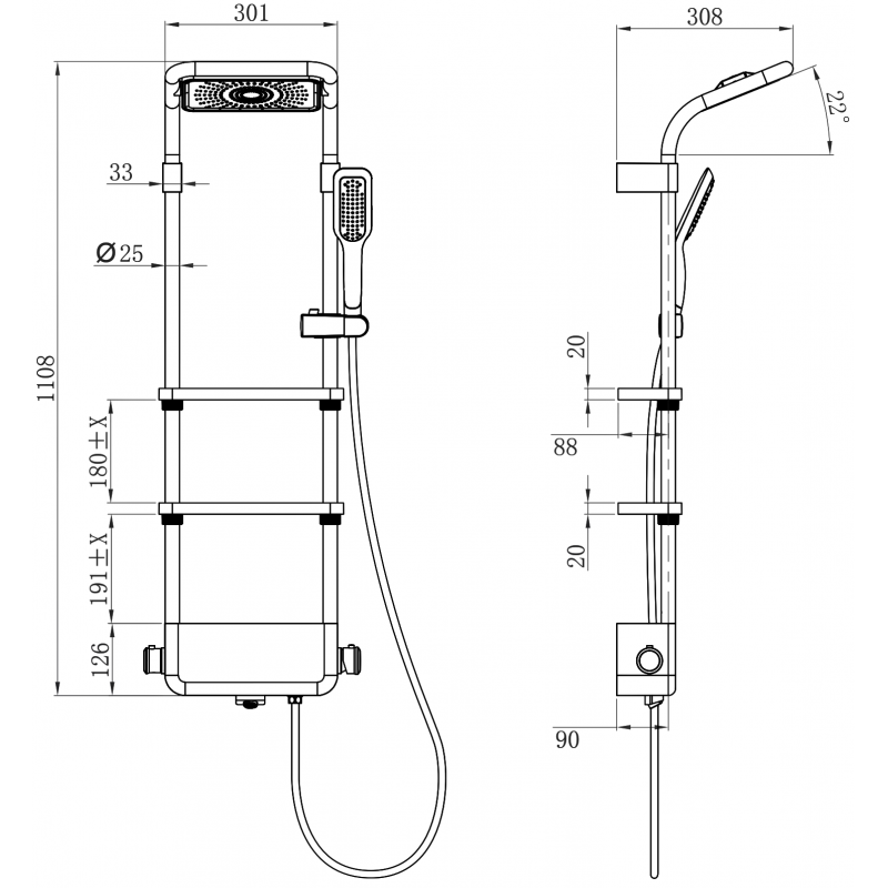 Mexen Dazz exposed shower set with rain shower and battery, white - 78107-20