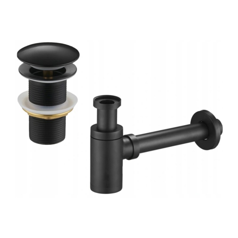 Mexen round half-basin siphon with click-clack plug, no overflow, black - 7991050-70