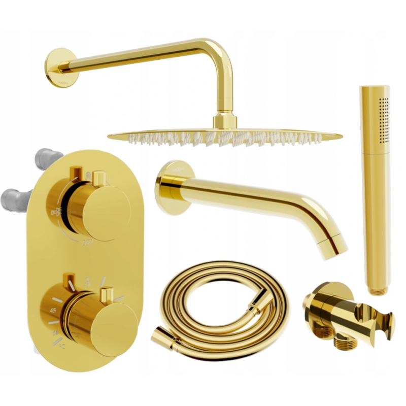 Mexen Kai DR70 conjunto de bañera-ducha empotrado con rociador de 25 cm, dorado - 77602DR70251-50