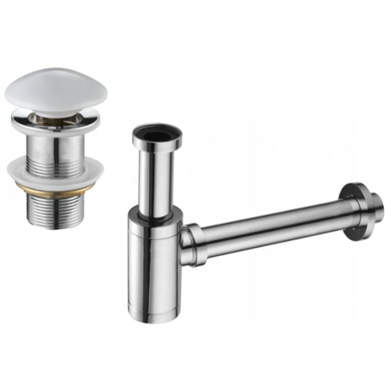 Mexen round basin bottle trap with ceramic click-clack plug, no overflow, chrome/white - 7991050-02