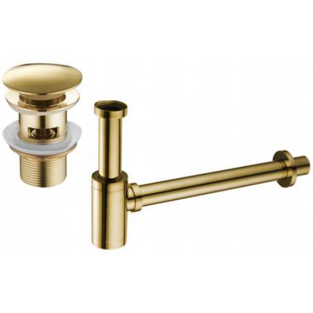 Mexen round washbasin bottle trap with click-clack plug, with overflow, gold - 7992050-50