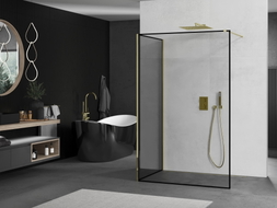 Mexen Kioto duša sienas Walk-in 90 x 90 cm, melns rāmis, zelta - 800-090-212-50-70-090