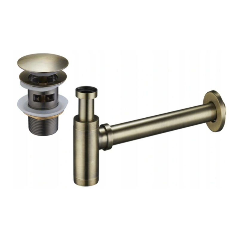 Mexen round washbasin half-siphon with click-clack plug, with overflow, antique brass - 7992050-40