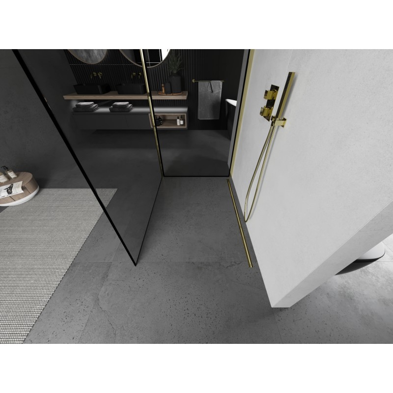 Mexen Kioto tuš stena Walk-in 140 x 100 cm, črni okvir, zlata - 800-140-212-50-70-100