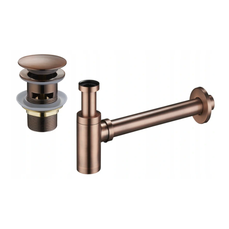 Mexen rund tvättställssifon med klick-klick propp, med överflöde, antik koppar - 7992050-45